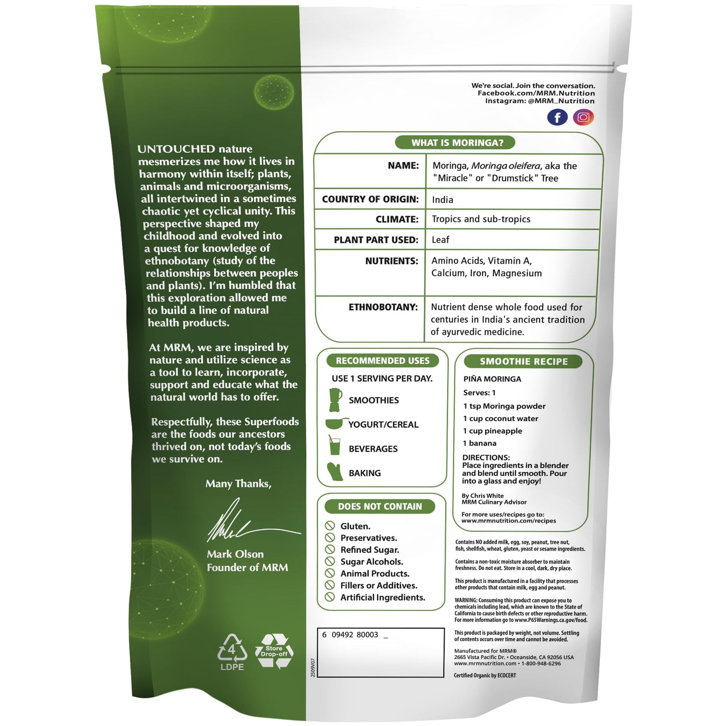 MRM Organic Moringa Powder 8.5 Ounces