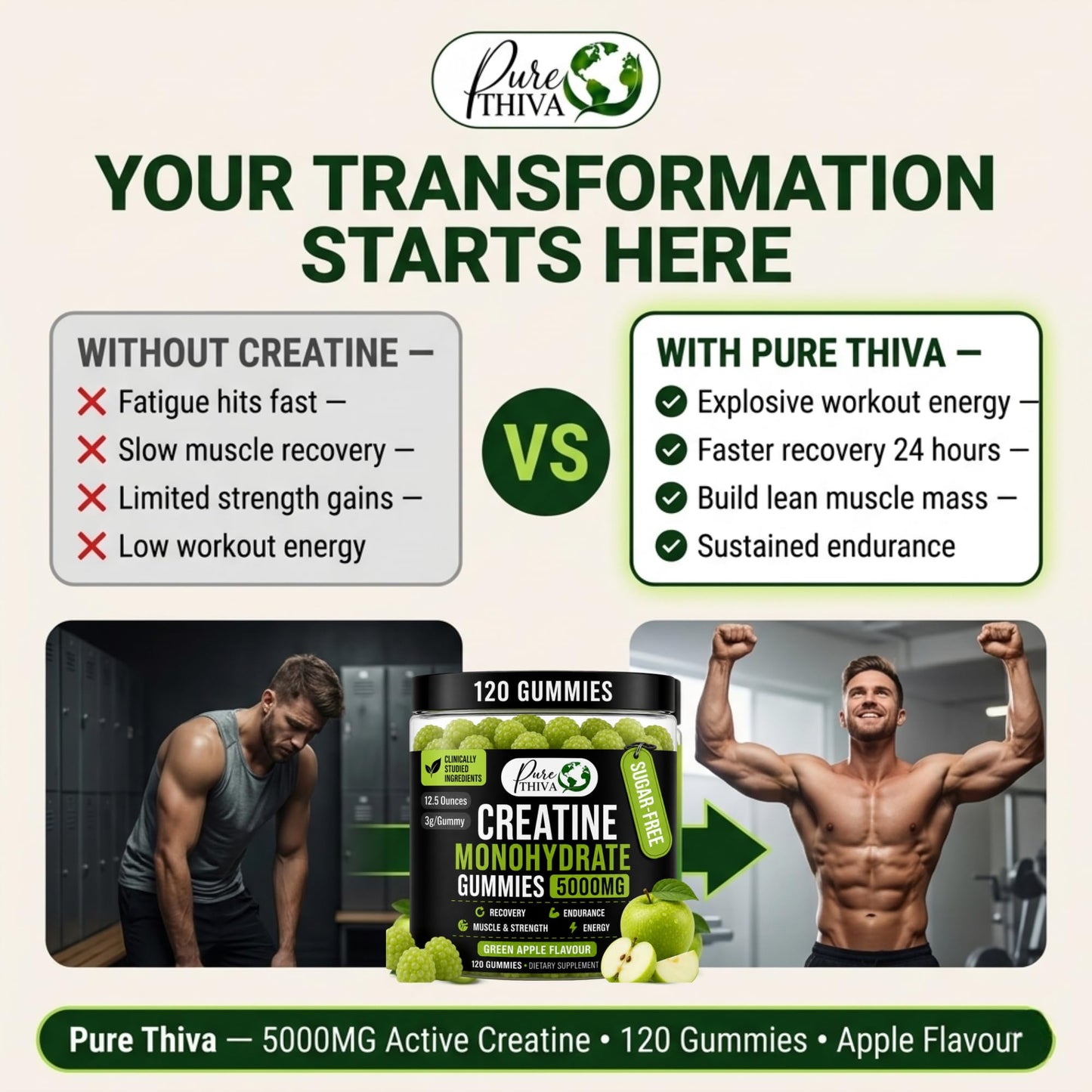 PureThiva Creatine Monohydrate Gummies 5000mg 120 Count