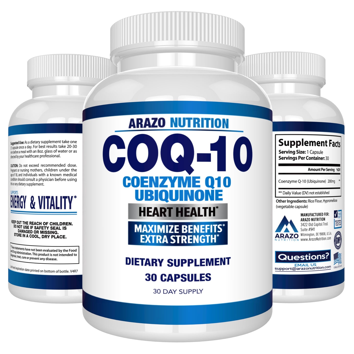 Arazo Nutrition CoQ10 Ubiquinone Coenzyme Q10 200mg High Absorption Capsules, 30 Count