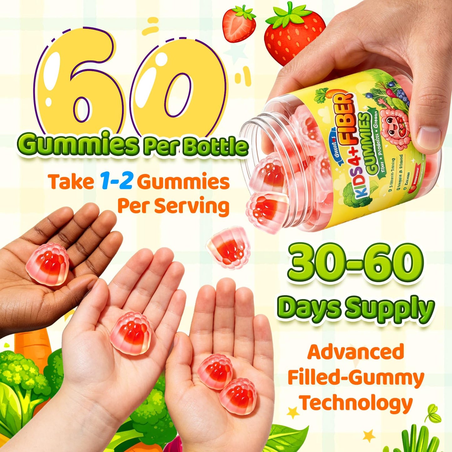duwhot Kids Fiber Gummies Prebiotic Fiber Supplement with Probiotics, Vitamin C, D3 & B6, Veggies, Sugar Free, Strawberry Flavor, 60 Gummies