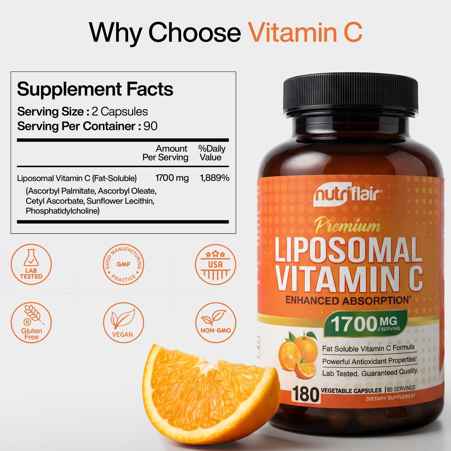 NutriFlair Liposomal Vitamin C 1700mg Capsules, 180 Count