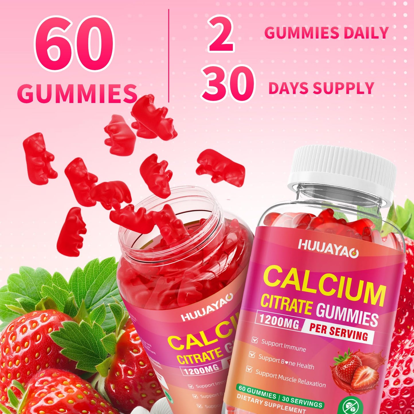 HUUAYAO Calcium Citrate Gummies 1200mg, Sugar Free Strawberry Flavor, 60 Gummies
