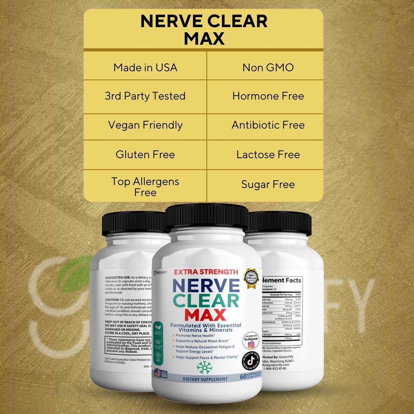 GREENVIFY Nerve Clear Max Extra Strength, Essential Vitamins & Minerals, Nerve Health Support, 60 Capsules