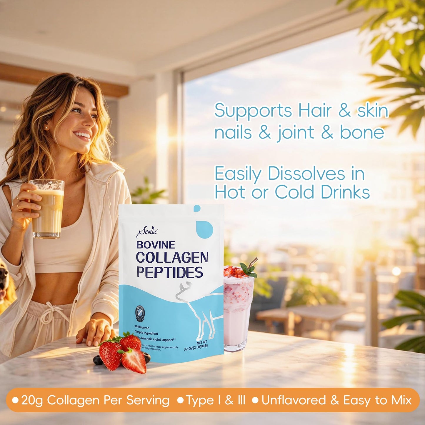 Semix Collagen Peptides Powder, Type I & III Hydrolyzed Bovine Collagen Protein, Unflavored, 16 oz