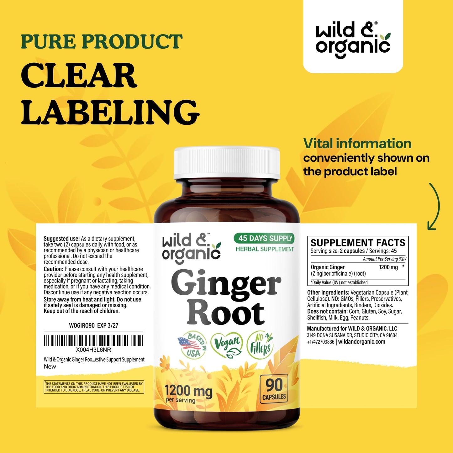 Wild & Organic Ginger Root 1200 mg Capsules, 90 Count