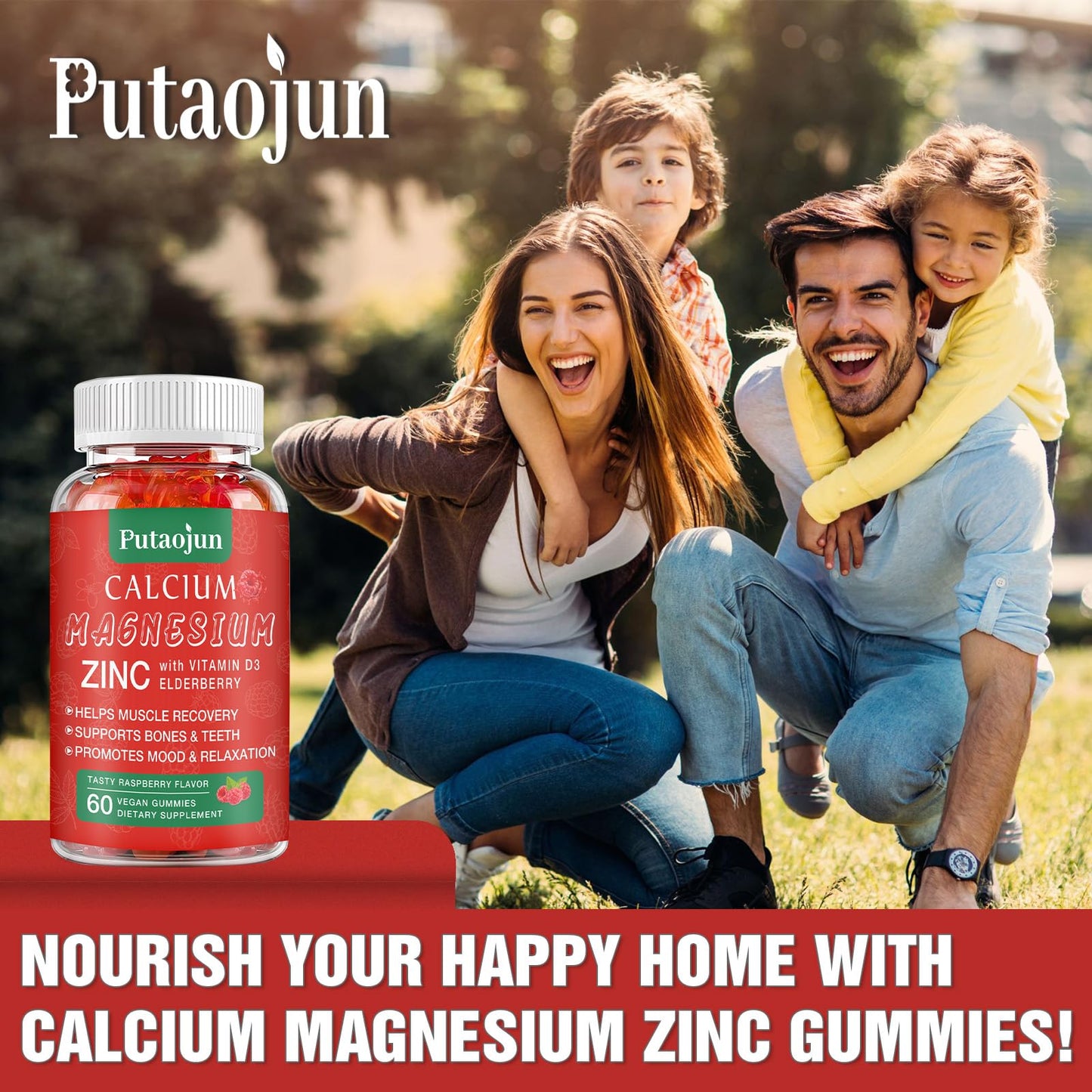 Putaojun High Absorption Calcium Magnesium Zinc Gummies with Vitamin D3, 60 Gummies