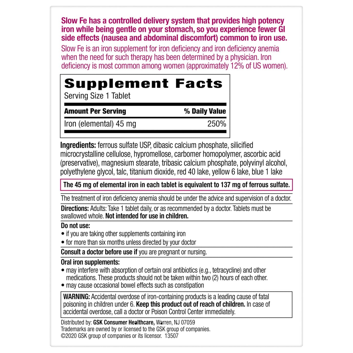Slow Fe 45mg Iron Supplement for Iron Deficiency, Slow Release, High Potency, Easy to Swallow Tablets - 60 Tablets