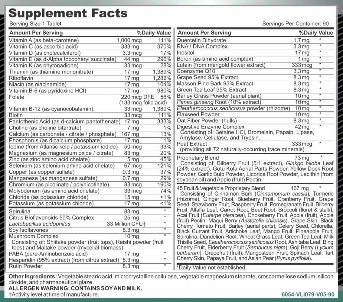 Hybrid Nutraceuticals MEGAV-1 Multi-Vitamin, Superfood & Minerals - Daily Multivitamin with Probiotics, Digestive Enzyme, Mushroom Complex for Heart Health, Immune Support, Energy & Stamina, 180 Tablets