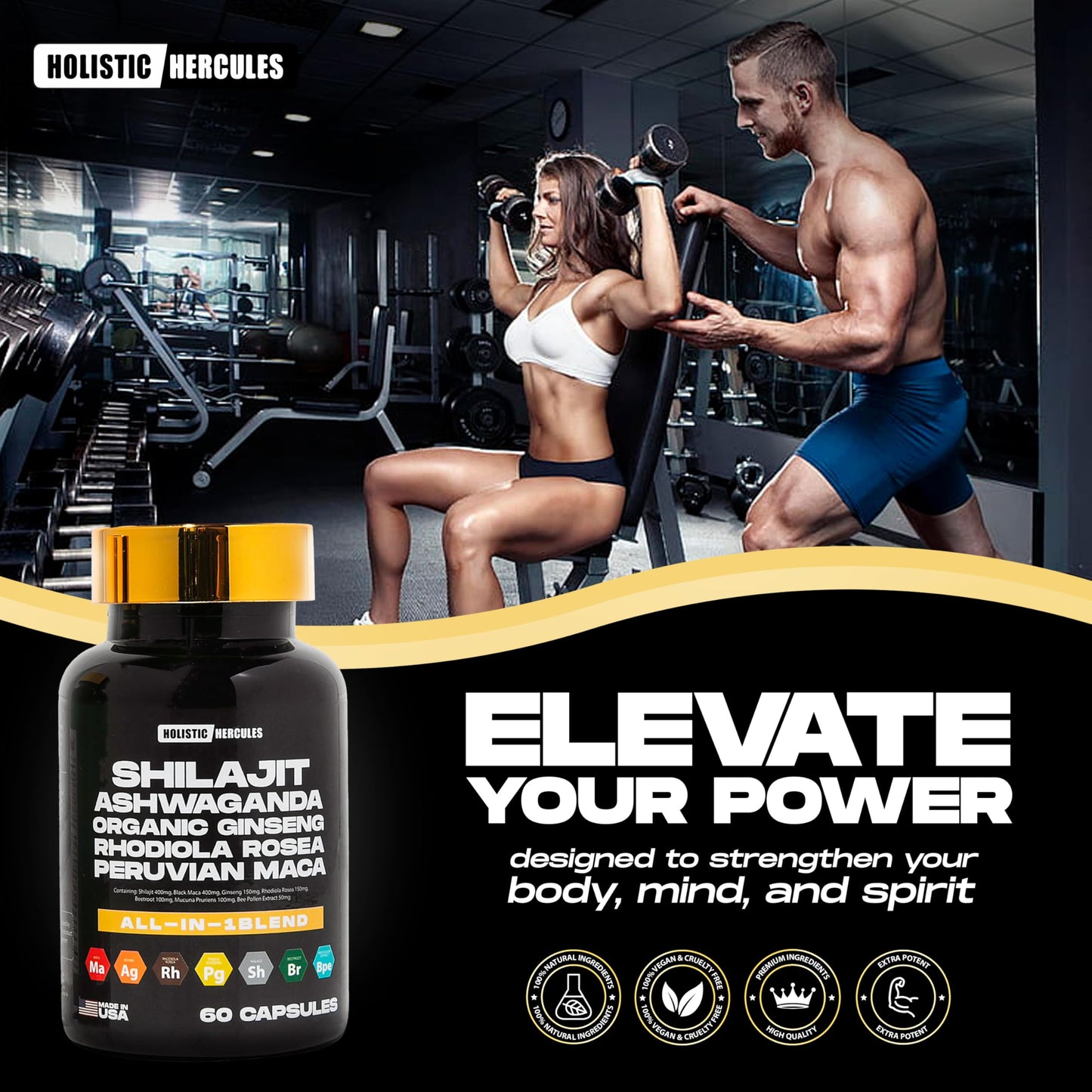Holistic Hercules Rhino Horn - Vitality Boost - 8 in 1 Potent Shilajit Blend Capsule, 30 Count