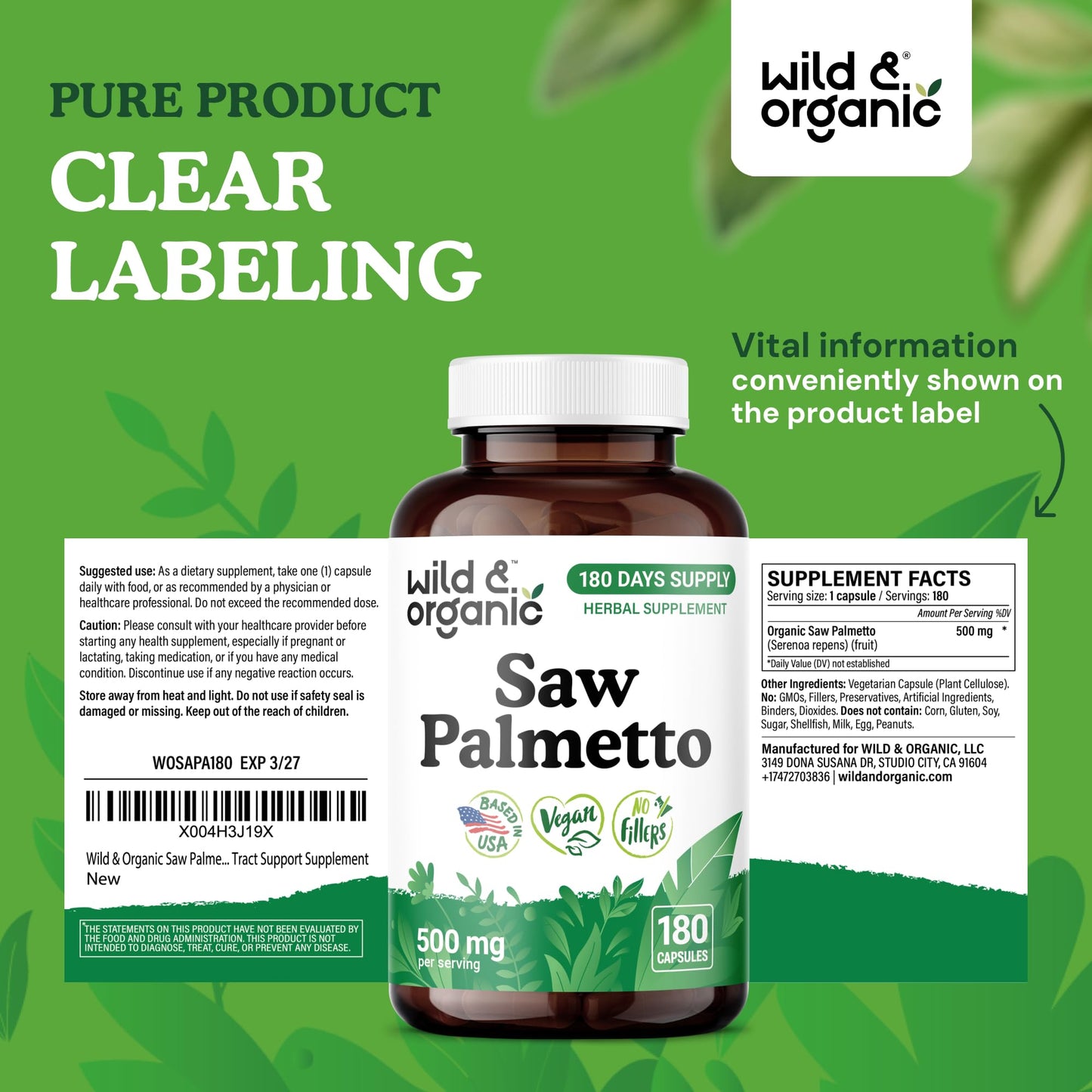 Wild & Organic Saw Palmetto 500 mg Capsules, 180 Count