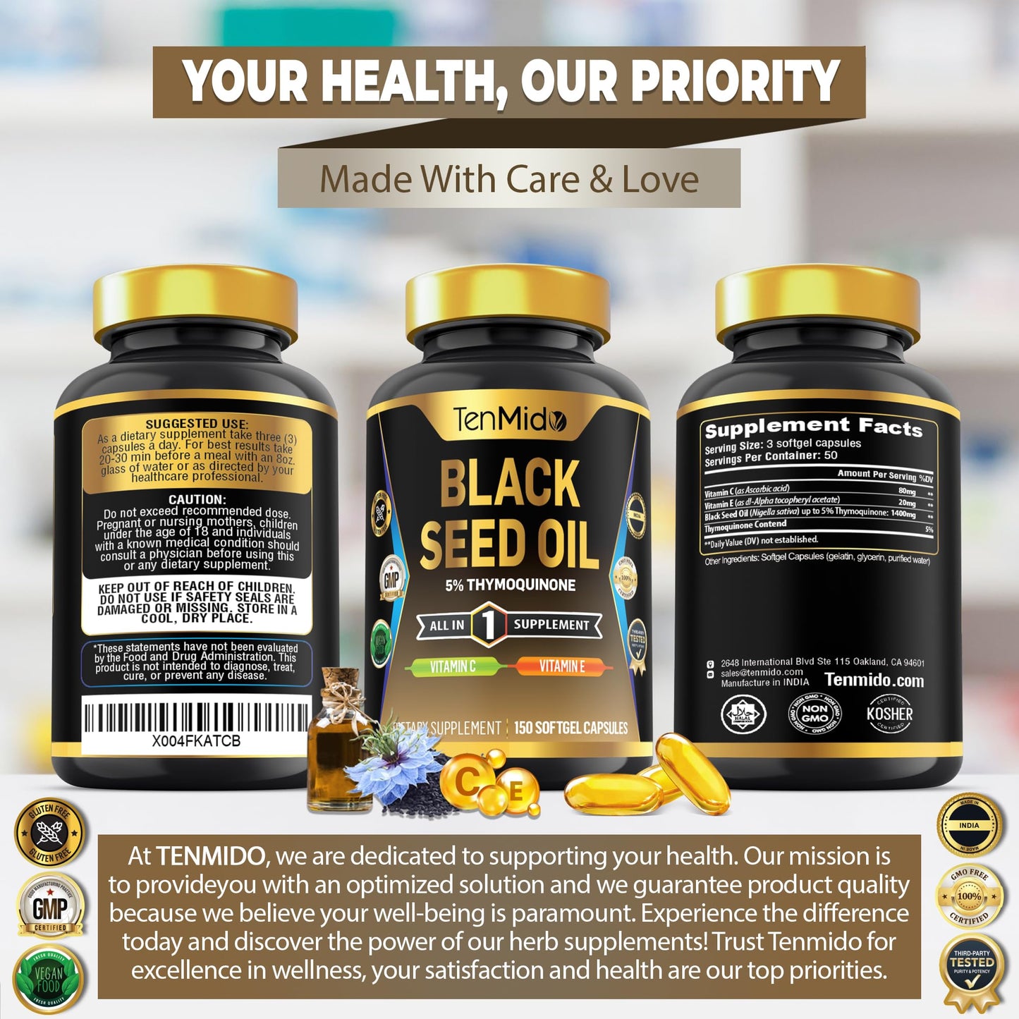 Tenmido Black Seed Oil Softgels 150 Count