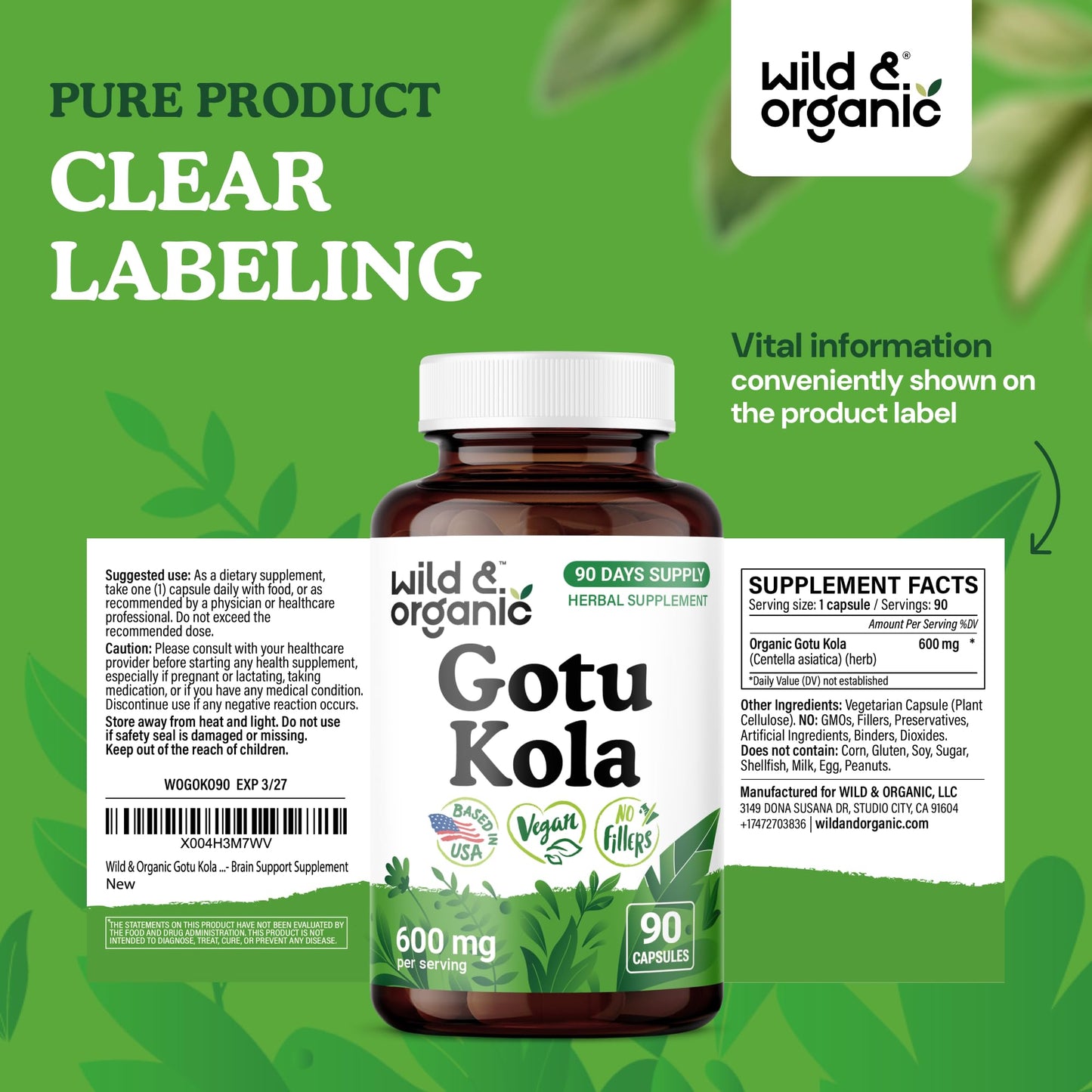Wild & Organic Gotu Kola Capsules 90 Count