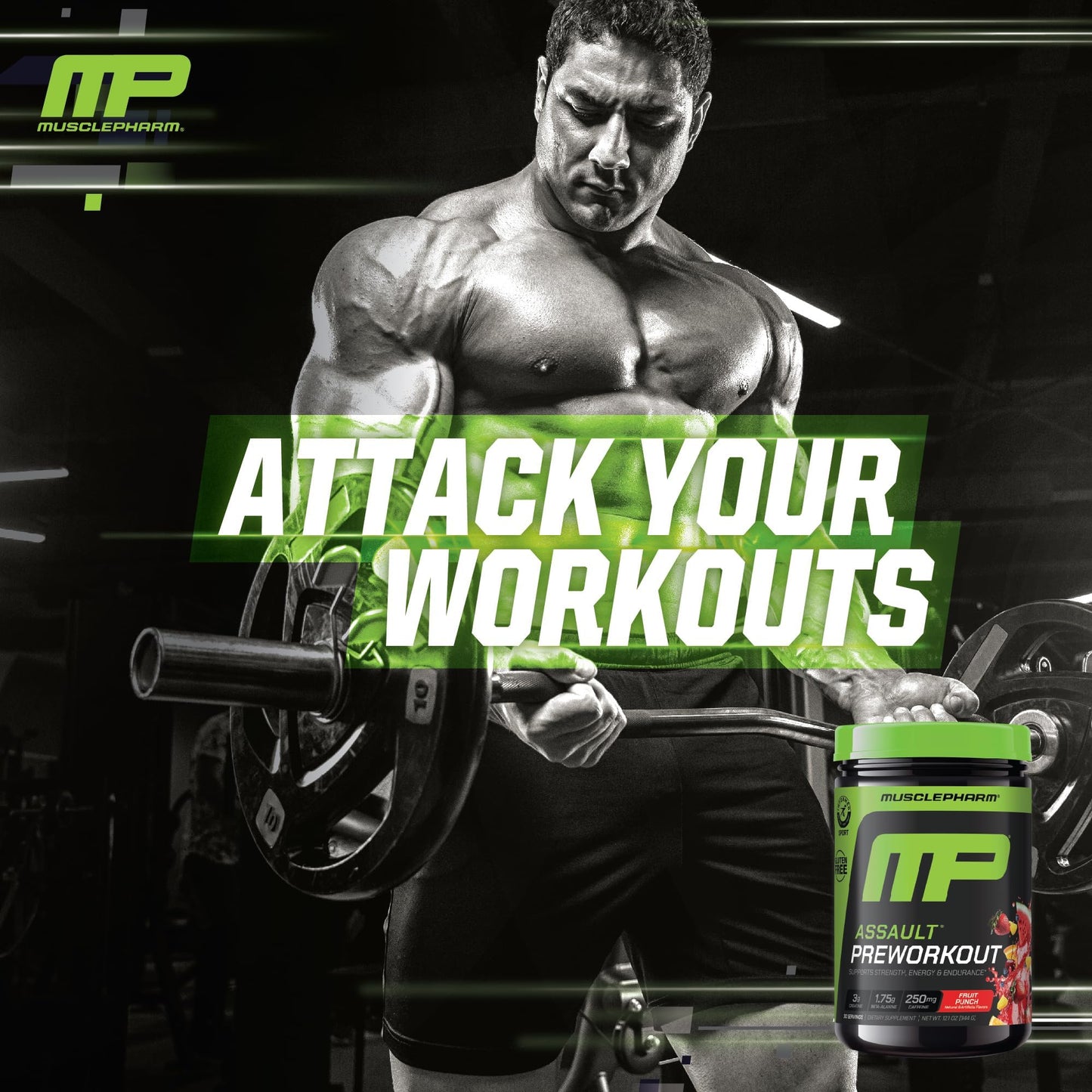 Muscle Pharm Assault Pre Workout Powder Fruit Punch Flavor 12.1 Ounce