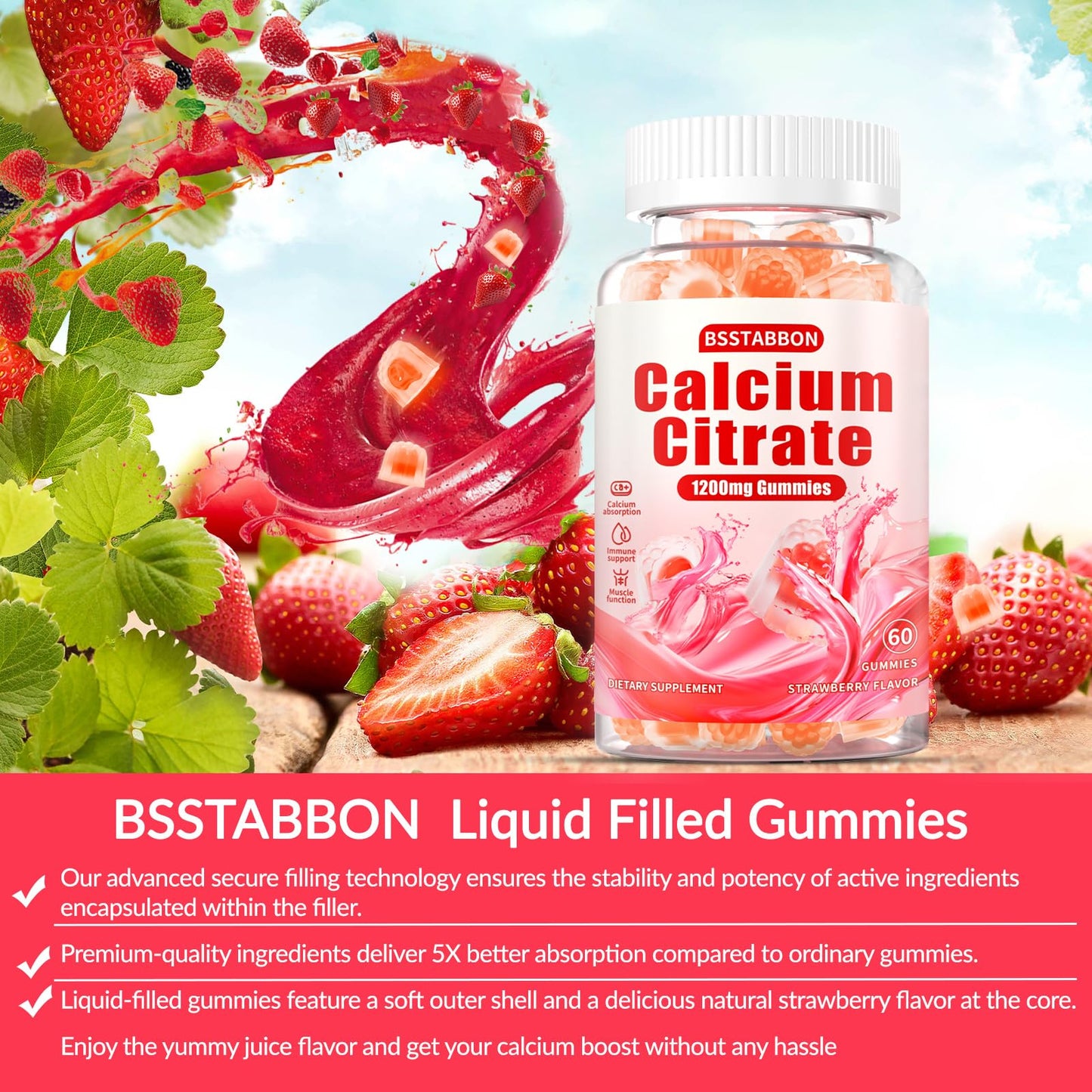 BSSTABBON Calcium 1200 mg with Vitamin D3 Gummies Calcium Citrate, 120 Gummies