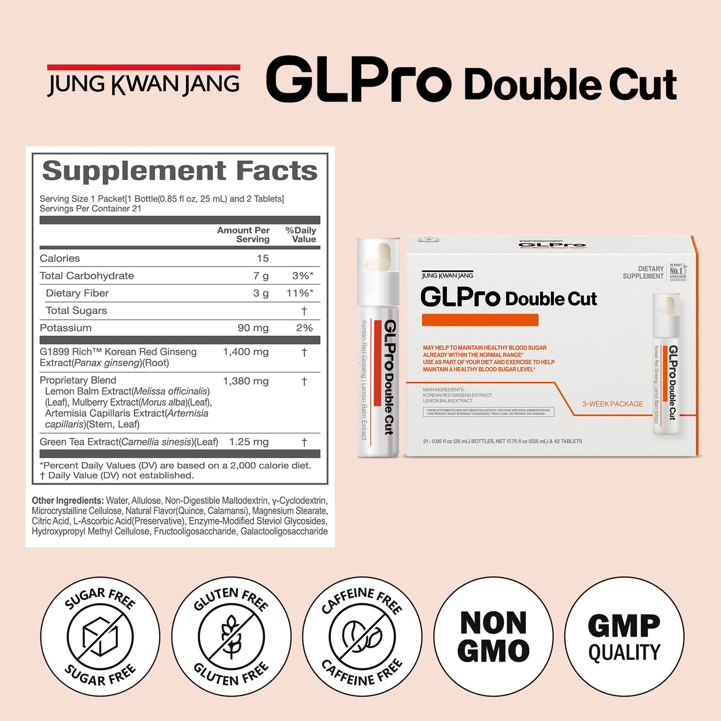 JUNG KWAN JANG GLPro-Double Cut - Pre & Post Workout Booster, GLP-1 Support for Men and Women - Korean Red Ginseng & Prebiotics, Liquid and Tablet, 21 Count