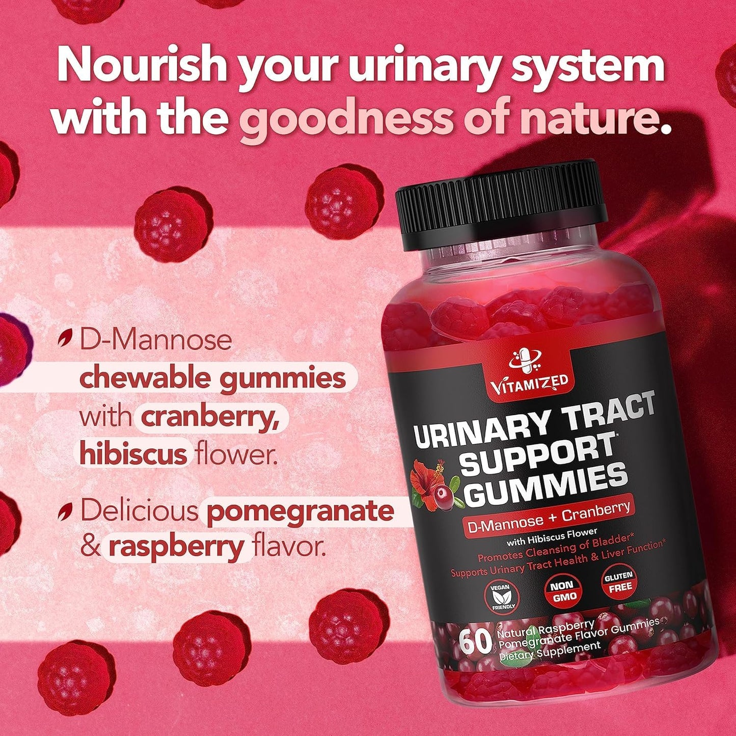 VITAMIZED Cranberry Gummies with D-Mannose Urinary Flush with Hibiscus Powder, 180 Count