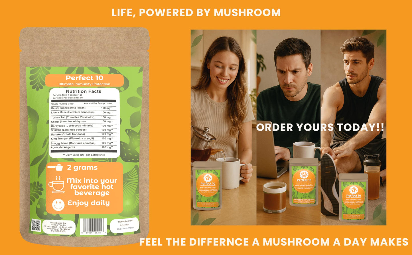 Hongo Tea Mushroom Power - Perfect 10 Mushroom Complex Powder, 2.1 oz