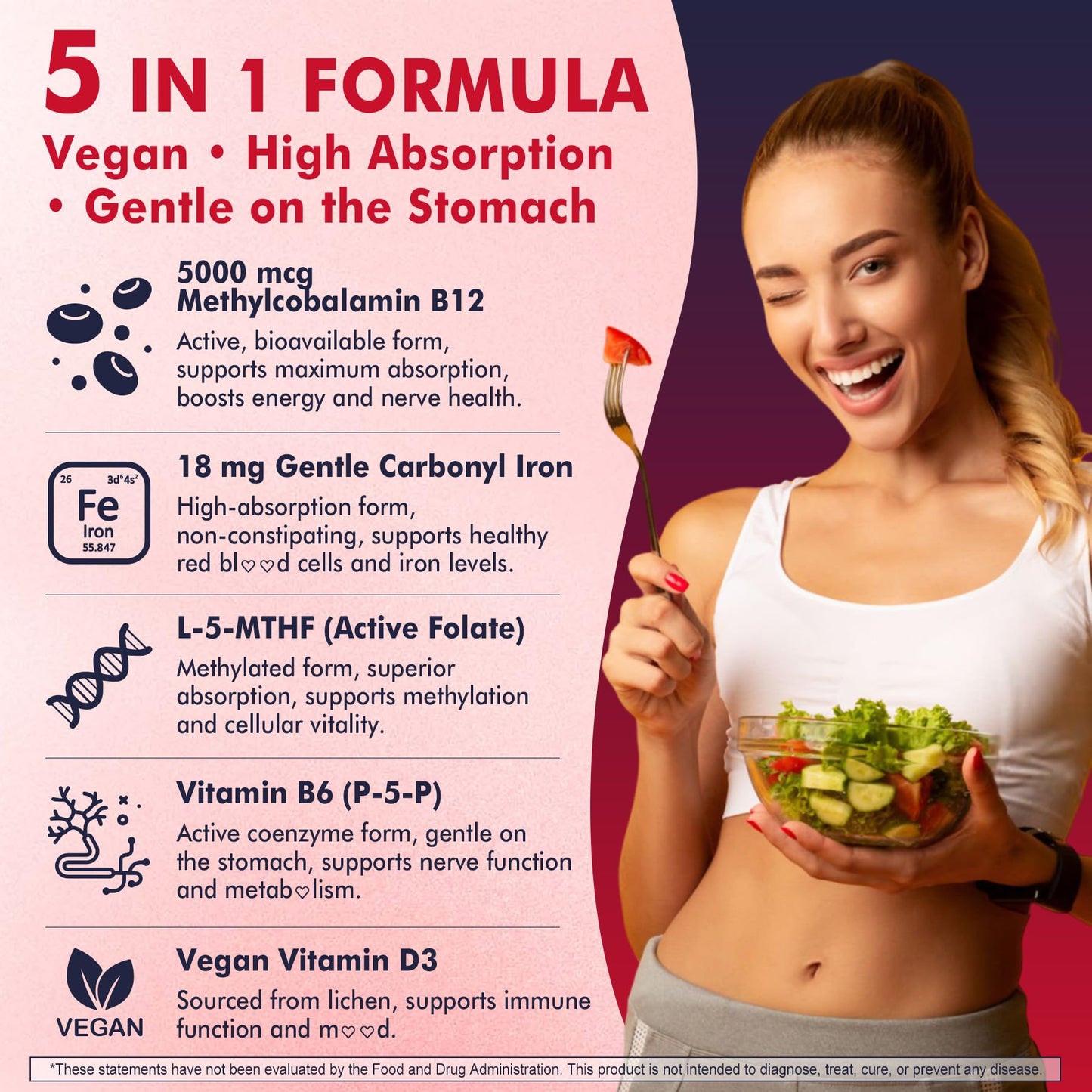 NEVISS Methylated B12 Gummies with L-Methylfolate, Iron, B6, D3 for Energy, Sugar Free, 120 Gummies