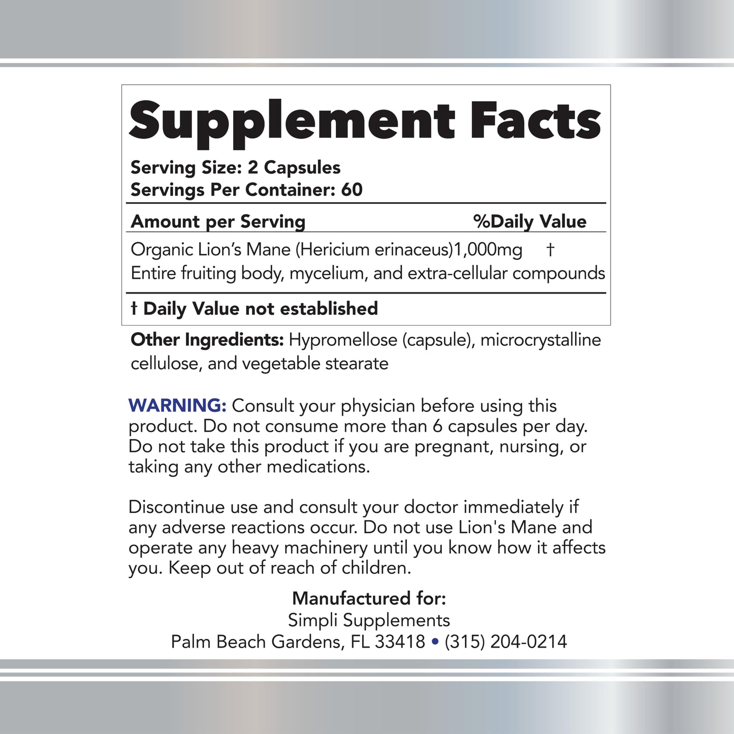 Simpli Supplements Lion's Mane Mushroom Capsules 120 Capsules