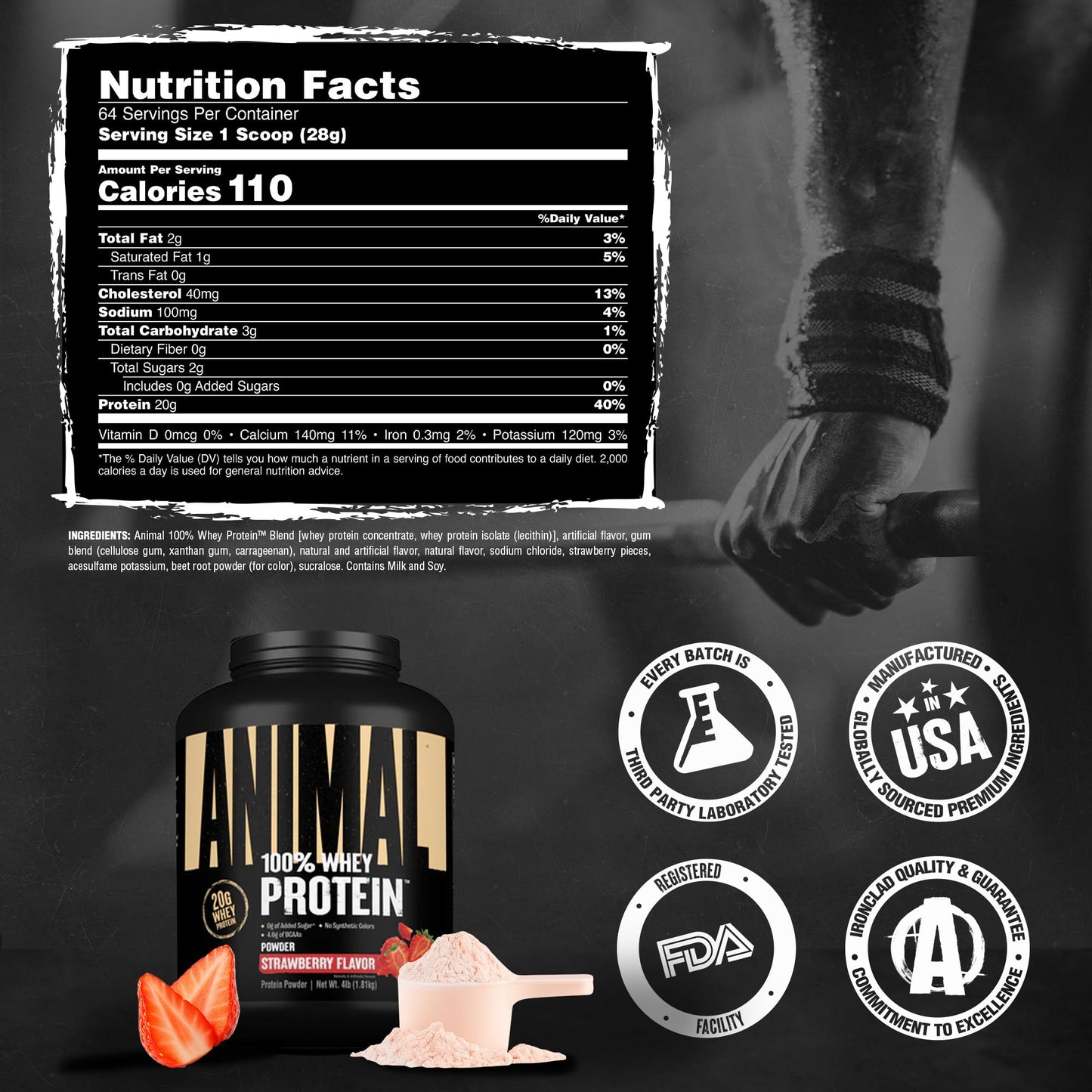 Animal 100% Whey Protein Powder, Strawberry, 64 Servings