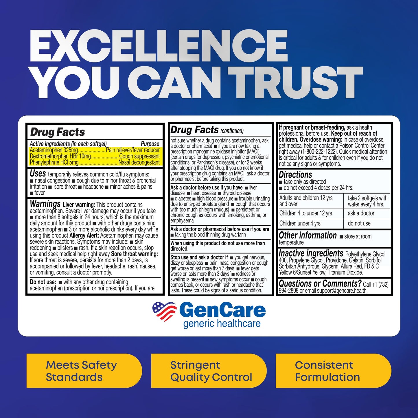 GenCare - Multi Symptom Non Drowsy Daytime Cold & Flu Relief Acetaminophen 325mg, Dextromethorphan HBr 10mg, Phenylephrine HCl 5mg (48 Softgels) Non Habit Forming Pain Reliever & Nasal Decongestant