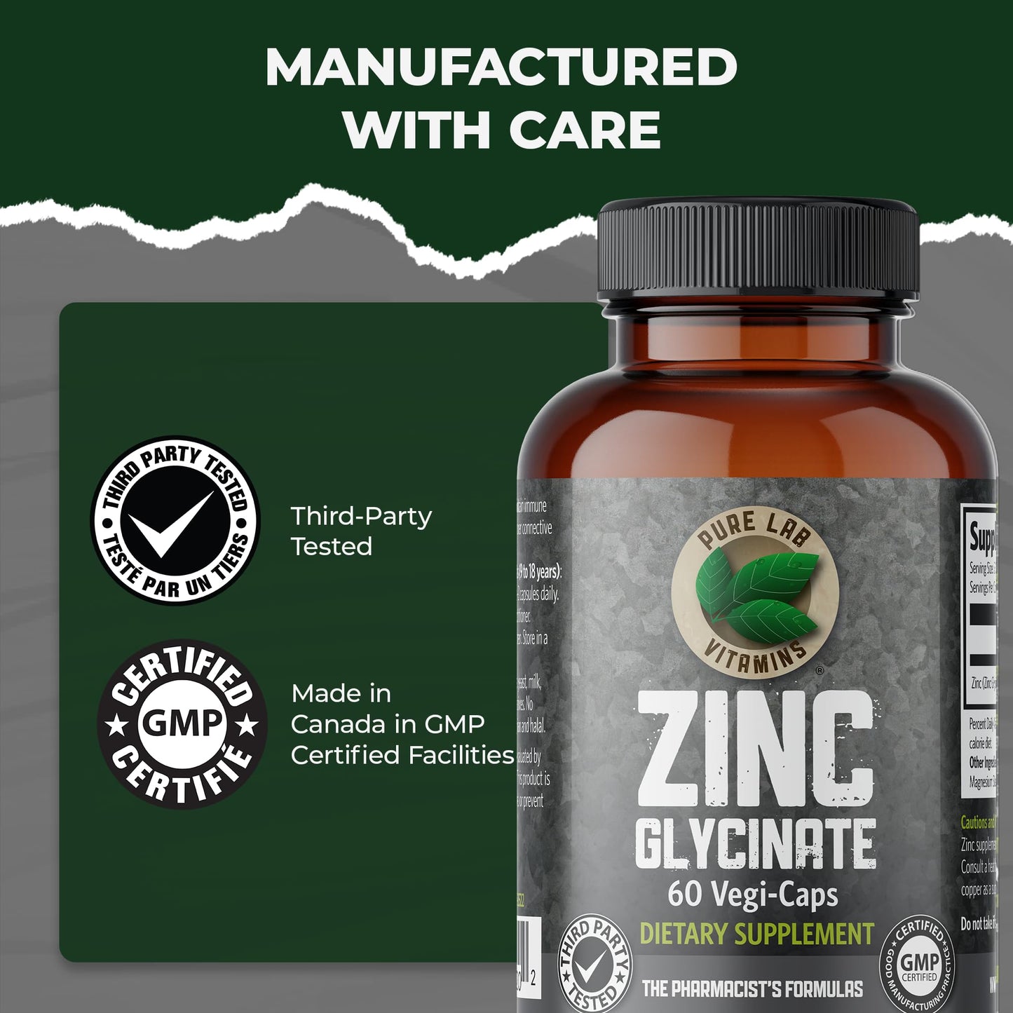 Pure Lab Vitamins Zinc Glycinate Capsules, 60 Count