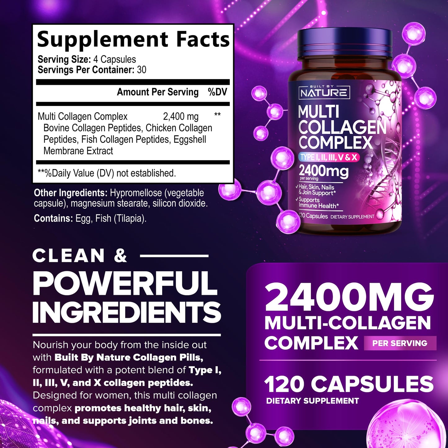Built by Nature Multi Collagen Peptides Complex Supplement for Women Capsules, 120 Count