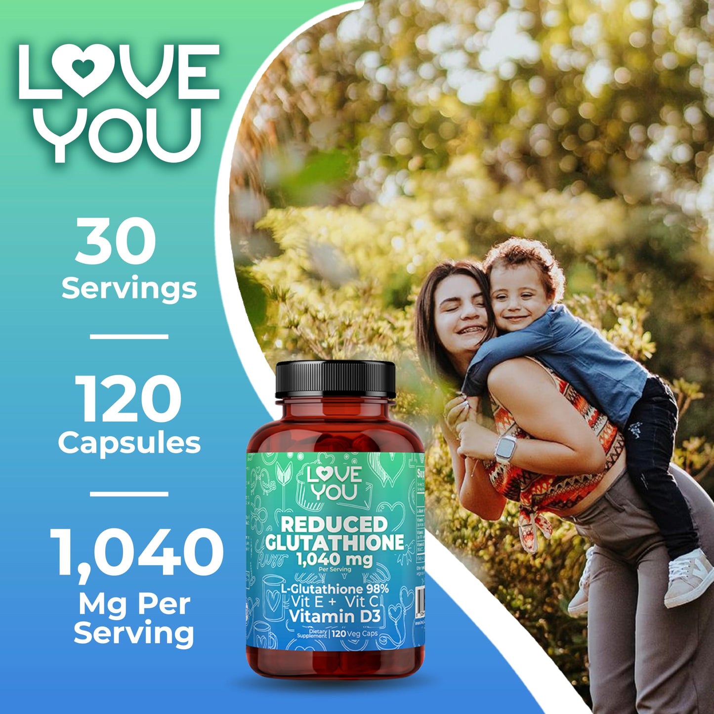 Love You Reduced Glutathione 98% Purity 1040 mg + Vitamin C, E & D3 Intracellular Antioxidant, 120 Capsules