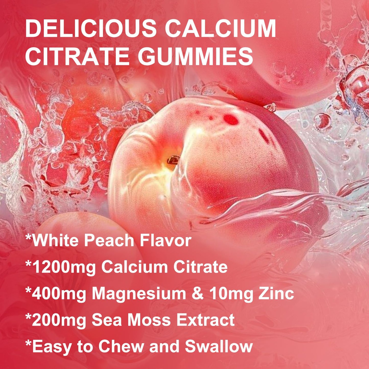 WOGORGT Calcium Citrate 1200mg Gummies with Vitamin D3 K2, Chewable Calcium Magnesium Zinc with Sea Moss Extract for Bone, Teeth, Immune Support, White Peach Flavor, 60 Gummies