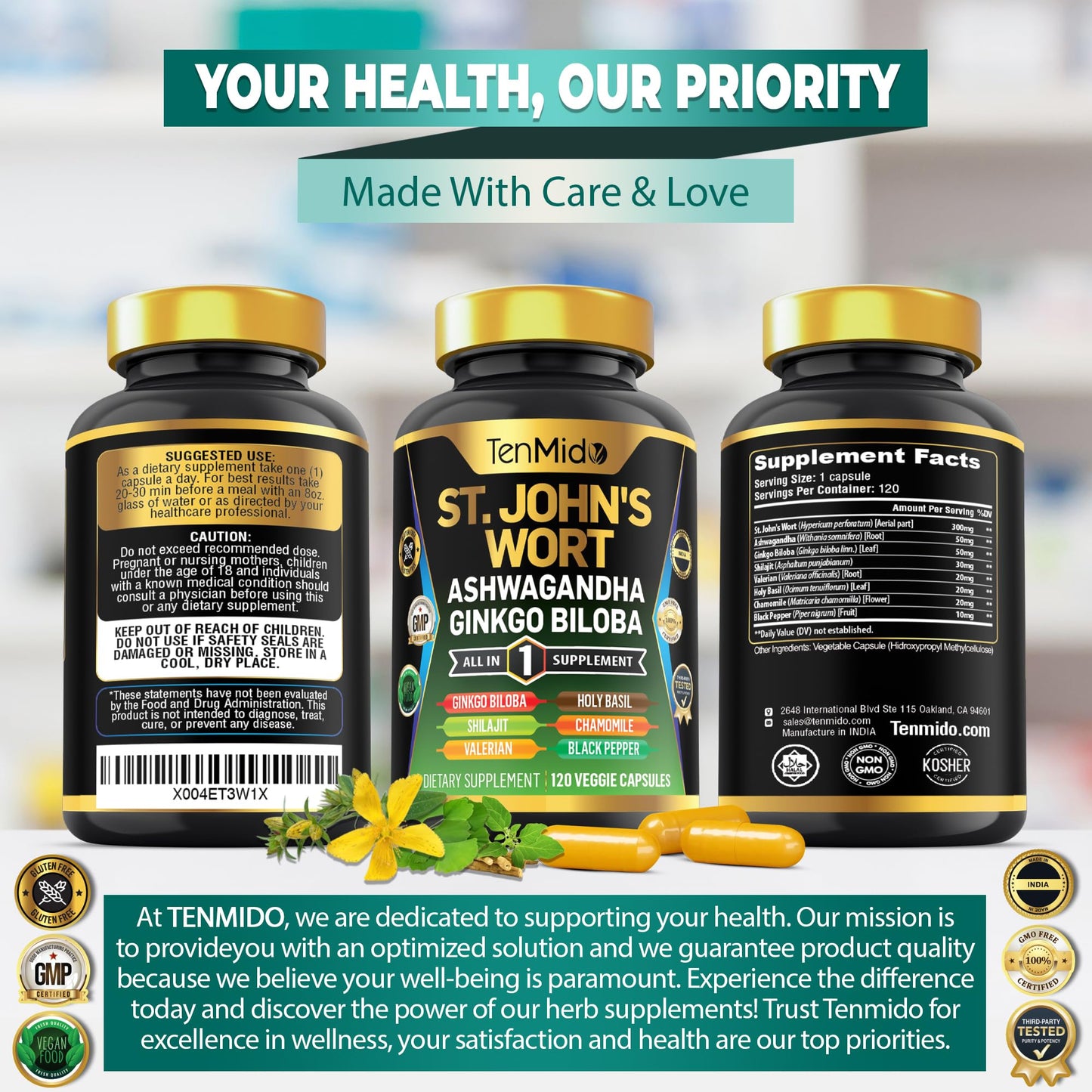 Tenmido St. John's Wort Supplement 8in1 Formula Capsules 120