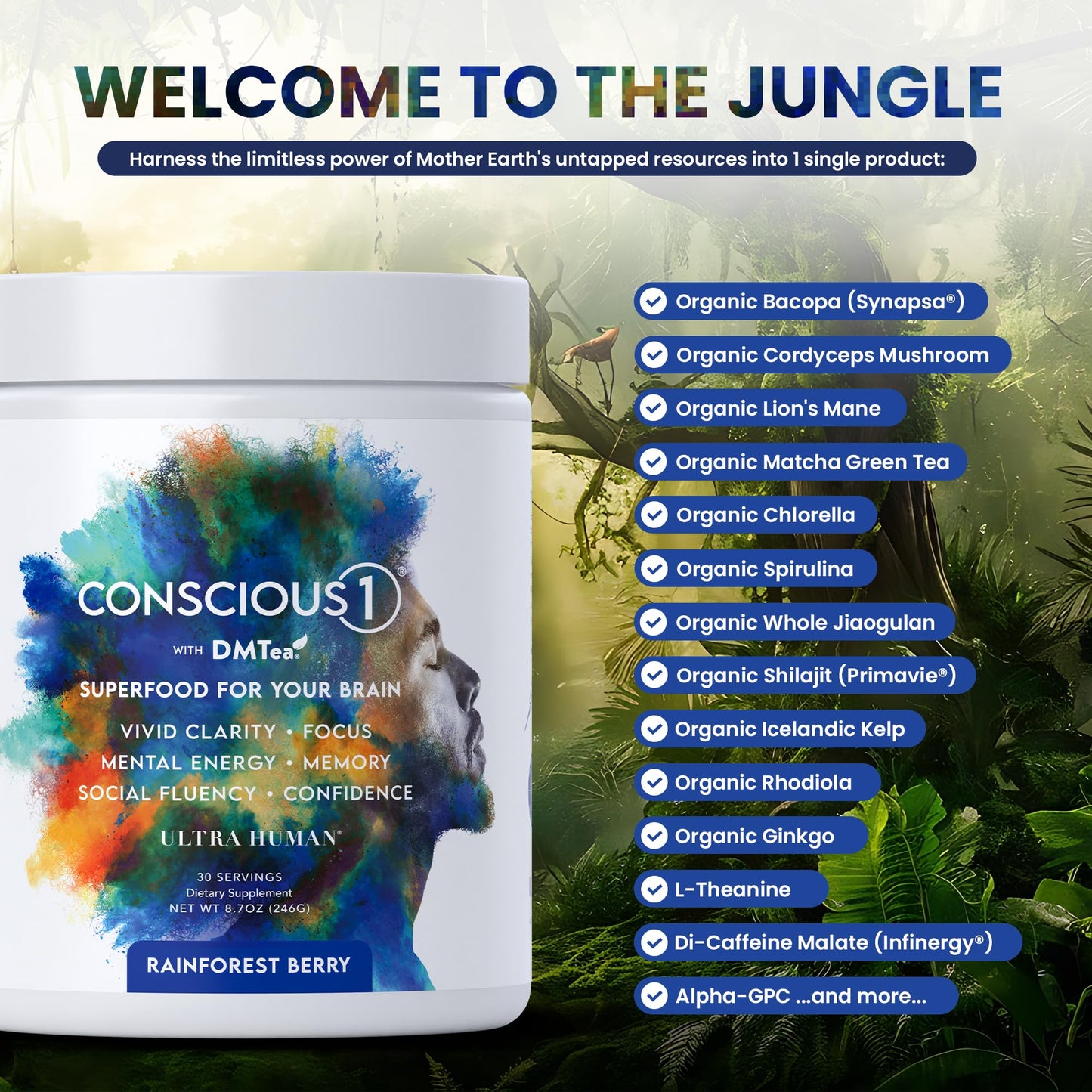Ultra Human CONSCIOUS1 Focus Boosting Superfood Blend Powder 2.7 Ounce