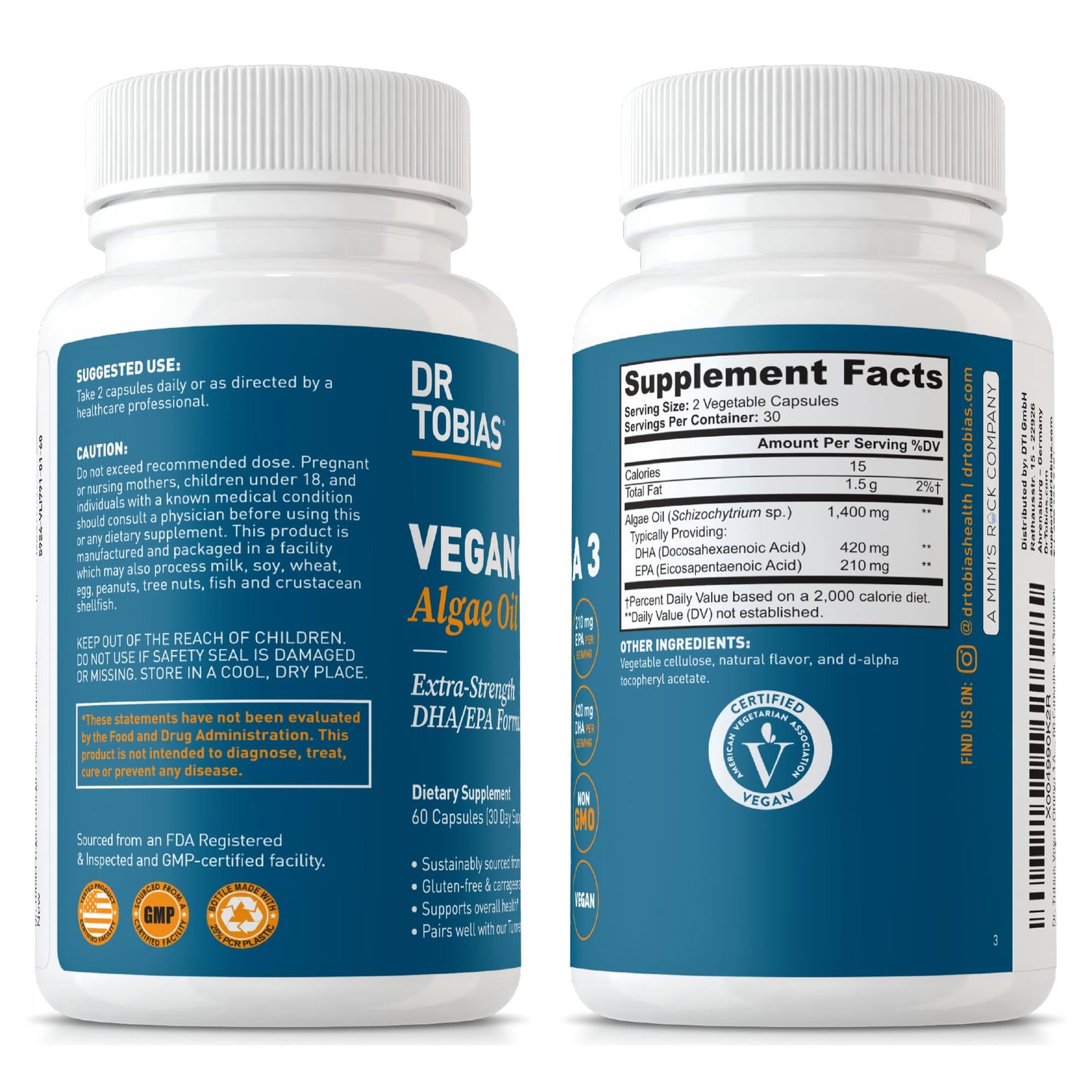 Dr. Tobias Vegan Omega 3 Supplement 1400mg Algae Oil, 420mg DHA, and 210mg EPA per Serving, Non-GMO, Gluten-Free, Carrageenan-Free, Capsule, 60 Count