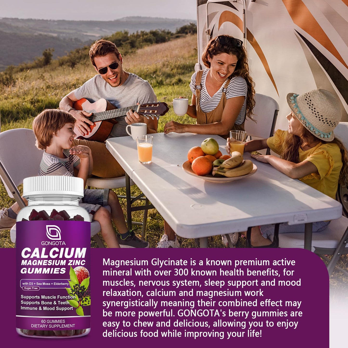 GONGOTA Calcium Magnesium Zinc with Vitamin D3 Supplement Gummy 60 Count