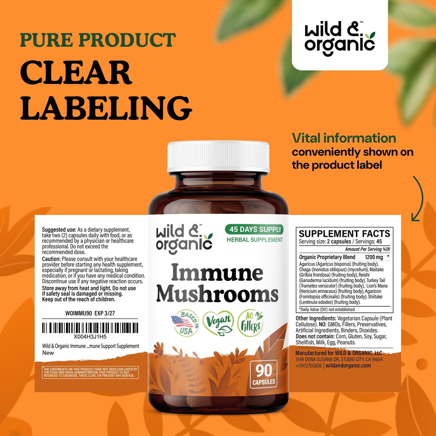 Wild & Organic Immune Mushroom Complex Capsules 90 Count