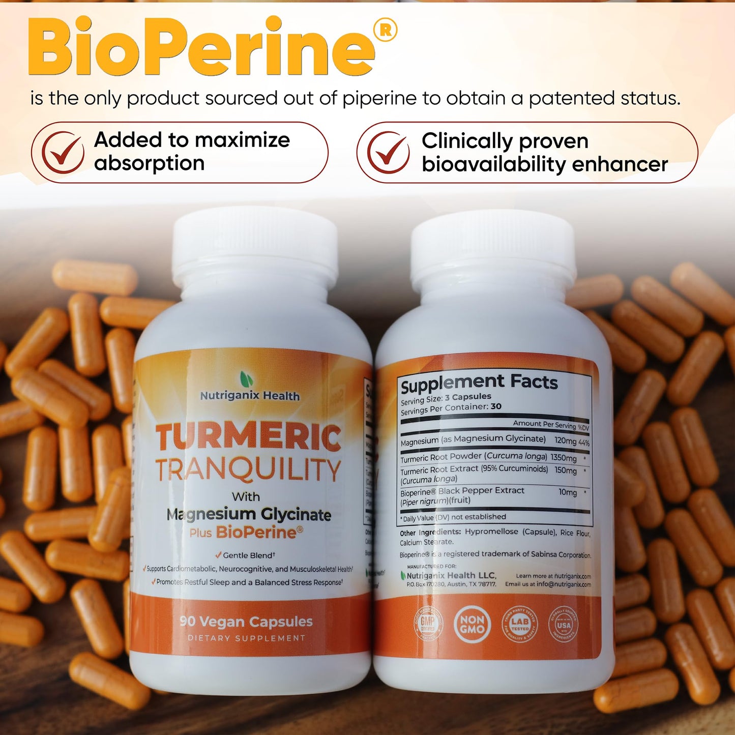 Nutriganix Turmeric Tranquility Turmeric Curcumin & Magnesium Glycinate with BioPerine 90 Capsules
