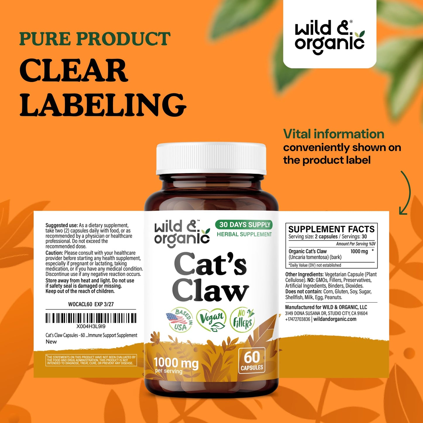 Wild & Organic Cat's Claw Herbal Supplement 1000 mg Capsules, 60 Count