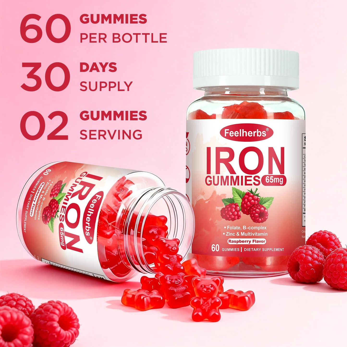 Feelherbs Iron Gummies for Women with Multivitamin, Raspberry Flavor, Vegan Iron Vitamin Gummy with Folate and B Complex, 60 Gummies