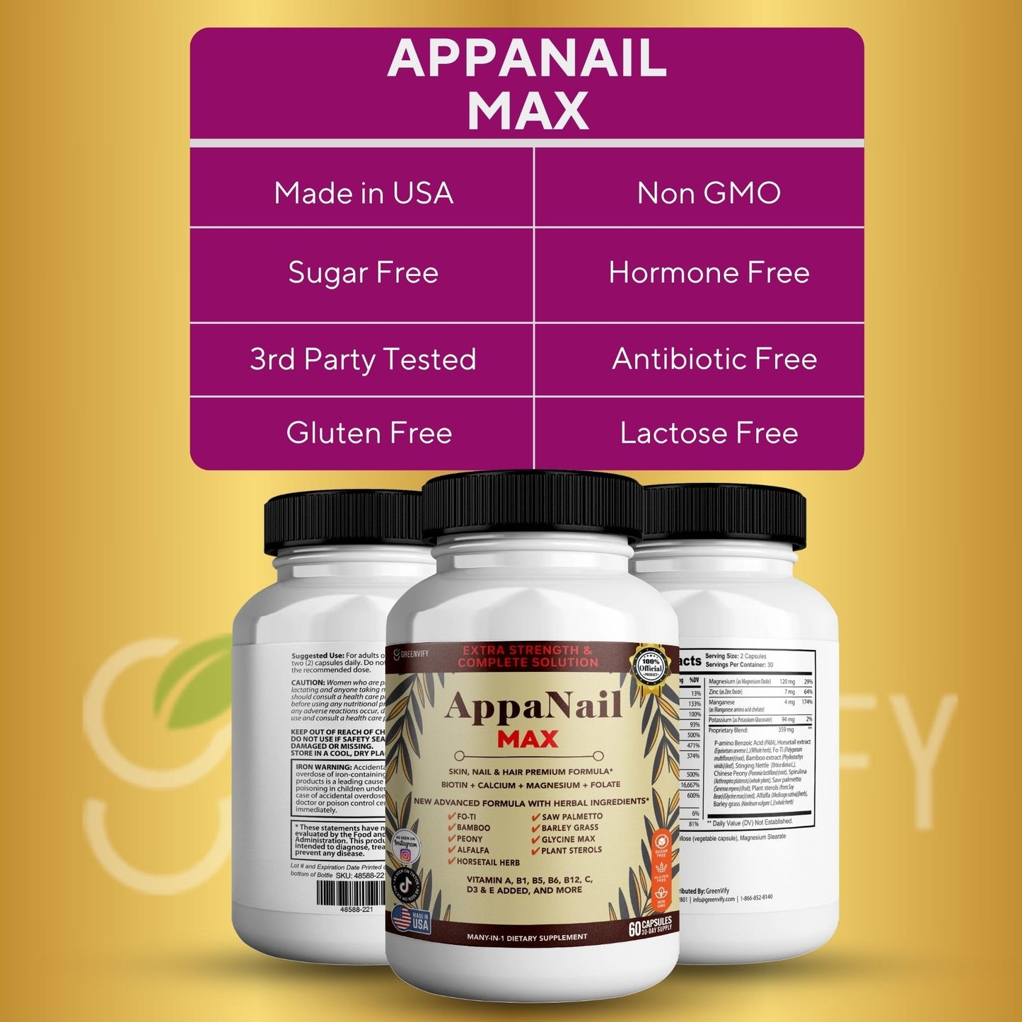 GREENVIFY AppaNail MAX Hair Skin & Nail Supplement Capsules, 180 Capsules