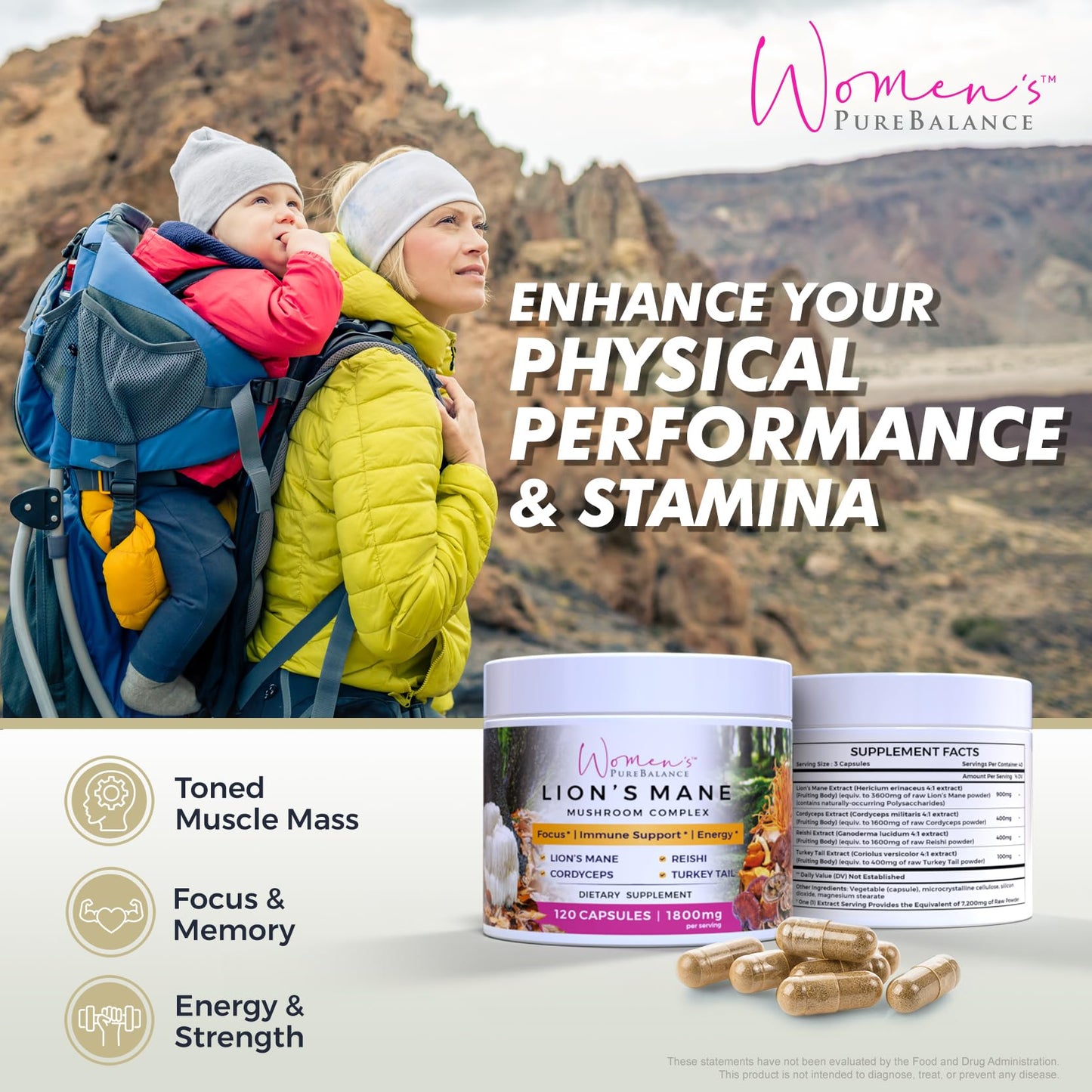 Women's PureBalance Lion's Mane Mushroom Supplement Capsules with Reishi, Cordyceps, Turkey Tail 120 Count
