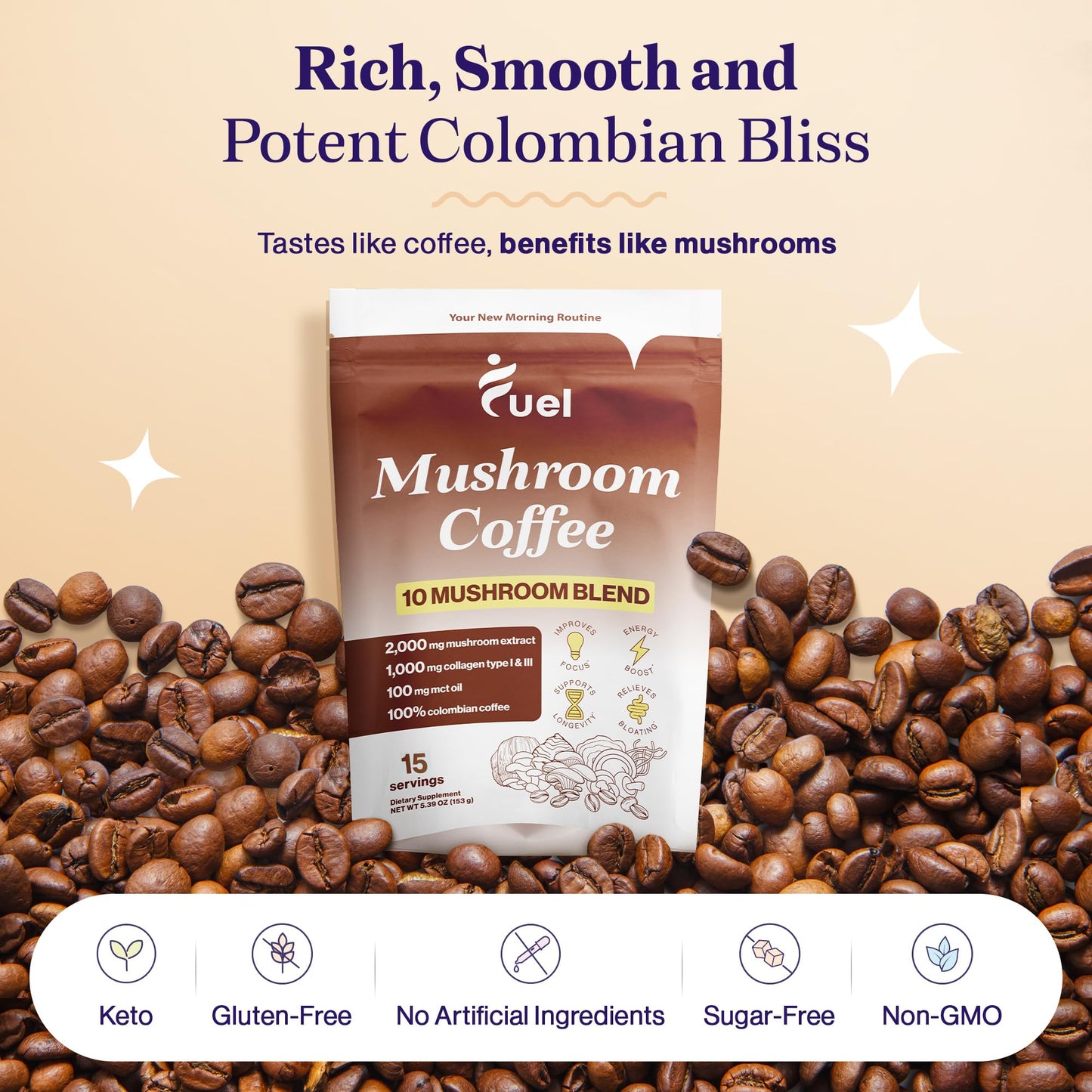Fuel Collagen & Mushroom Coffee Powder 5.3 Ounce