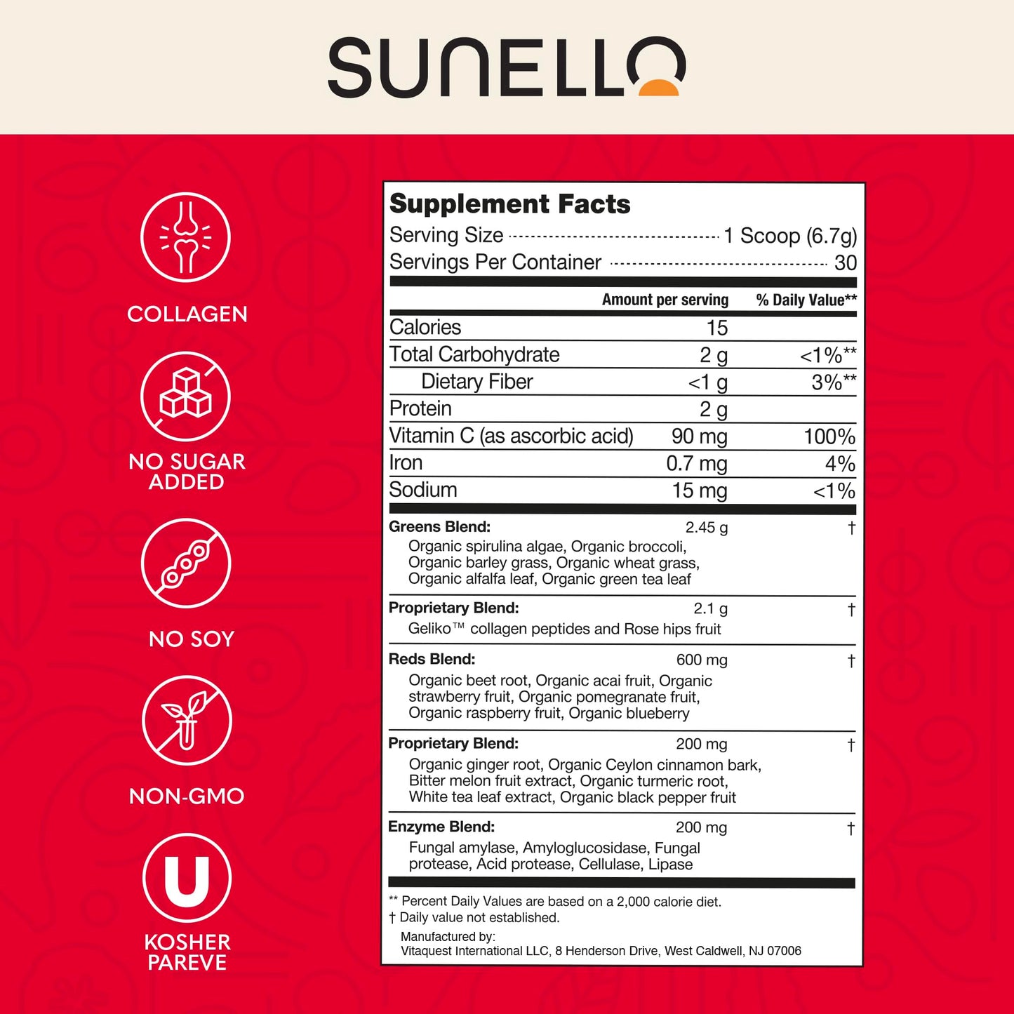 Sunello Super Greens for Joint Health Collagen NanaBerry 0 Sugar Powder 1 Ounce