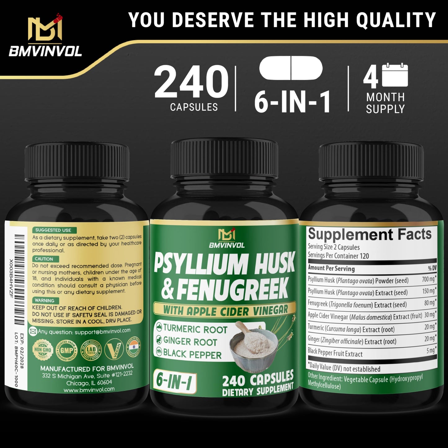 BMVINVOL 6in1 Psyllium Husk, Fenugreek, Apple Cider Vinegar, Turmeric, Ginger, Black Pepper Capsules, 240 Count