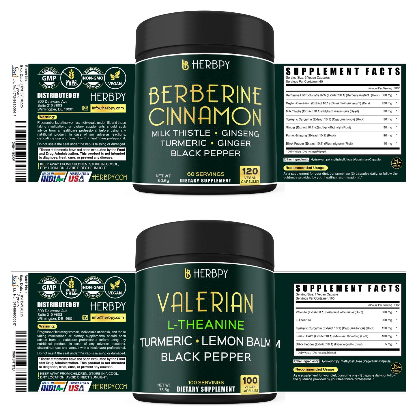 Herbpy Bundle 7in1 Berberine Supplement & 5in1 Valerian Root Capsules, 220 Capsules