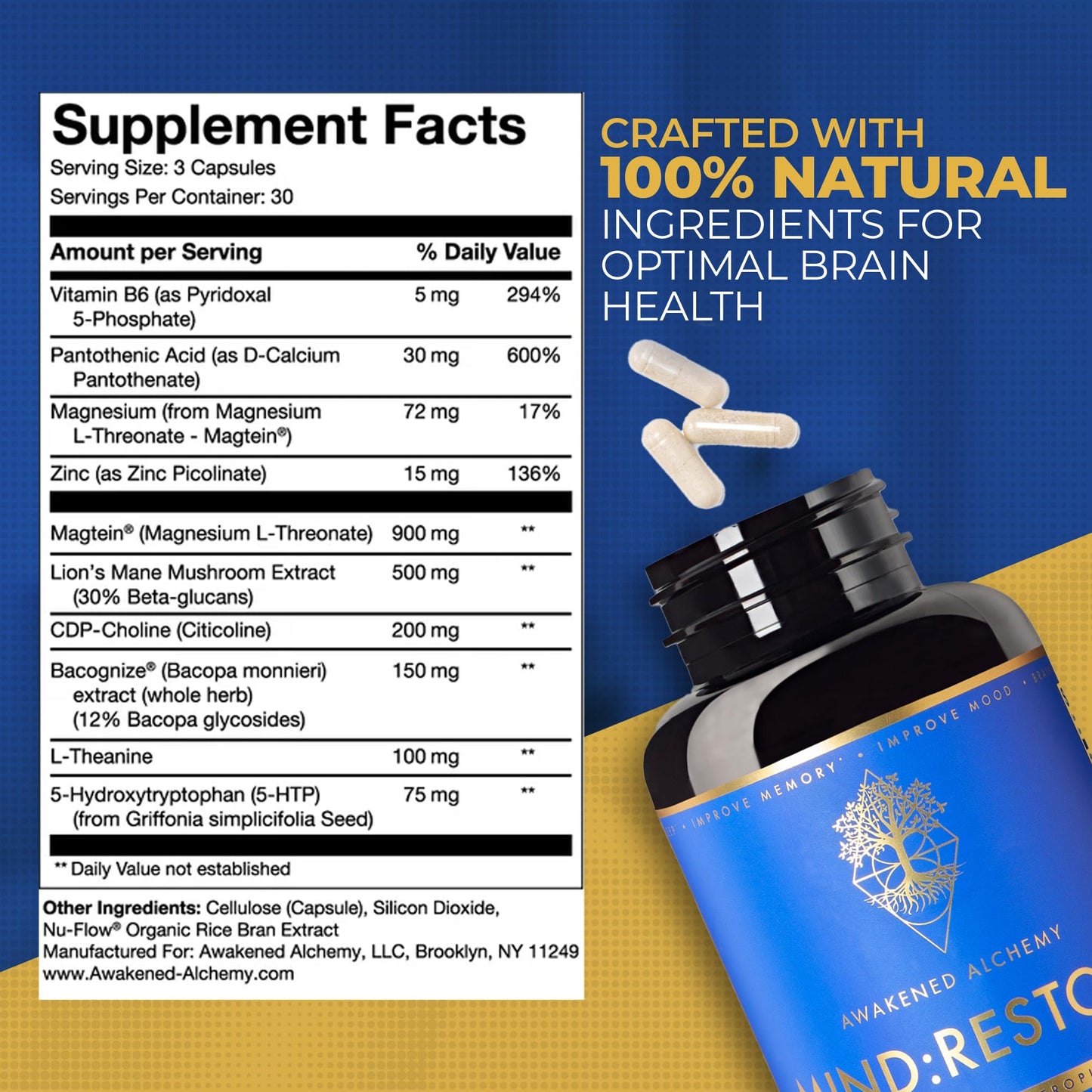 Awakened Alchemy MIND:RESTORE Premium Nighttime Nootropic Supplement Capsule, 90 Count