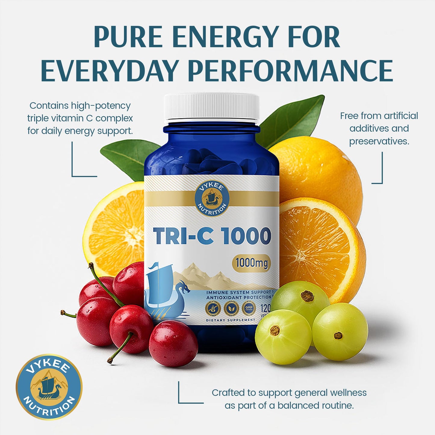 Vykee Nutrition Tri-C 1000 Triple-Source Vitamin C Complex Capsule, 120 Count