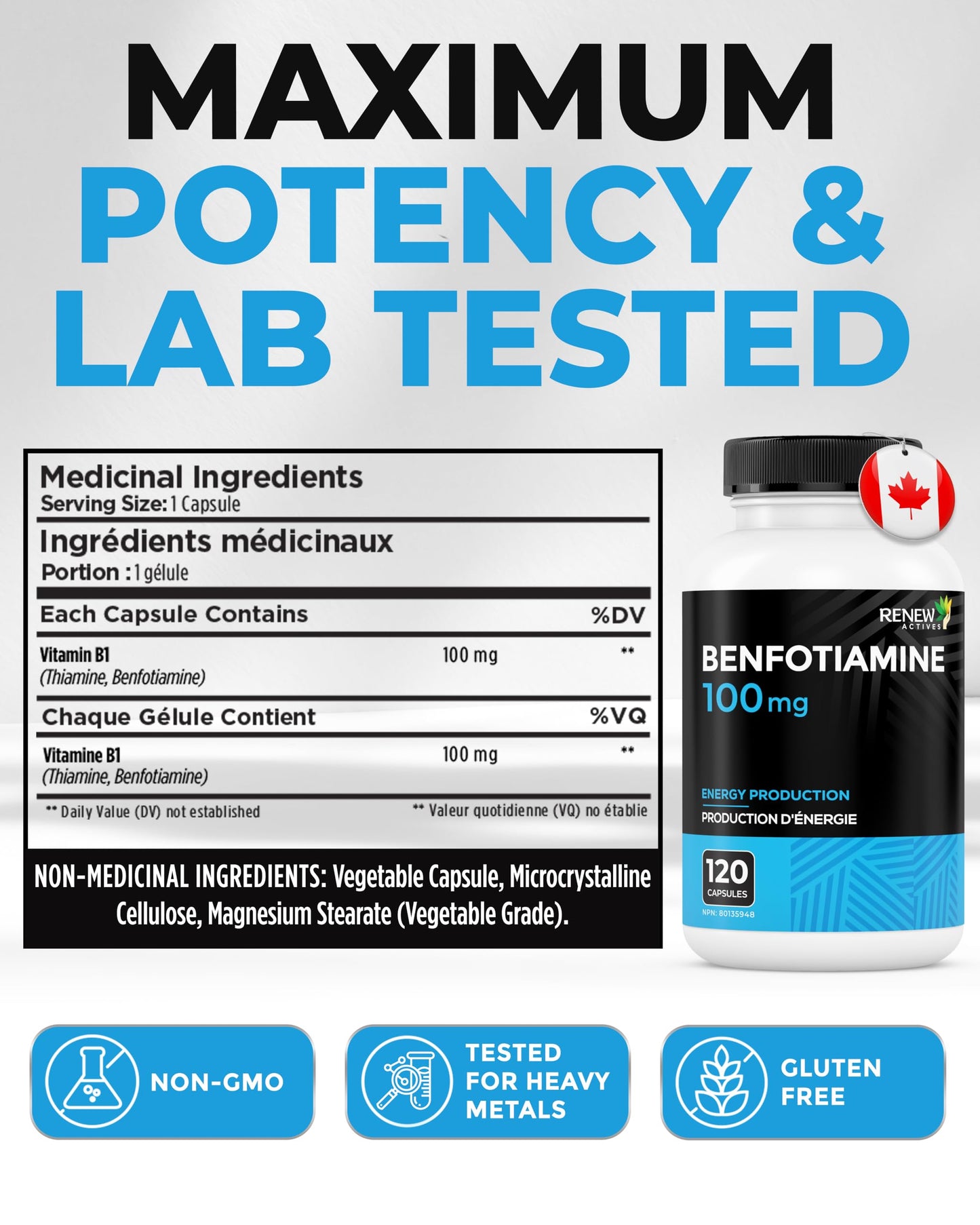 Renew Actives Benfotiamine 100mg – Supports Energy Production & Overall Wellness, 60 Capsules