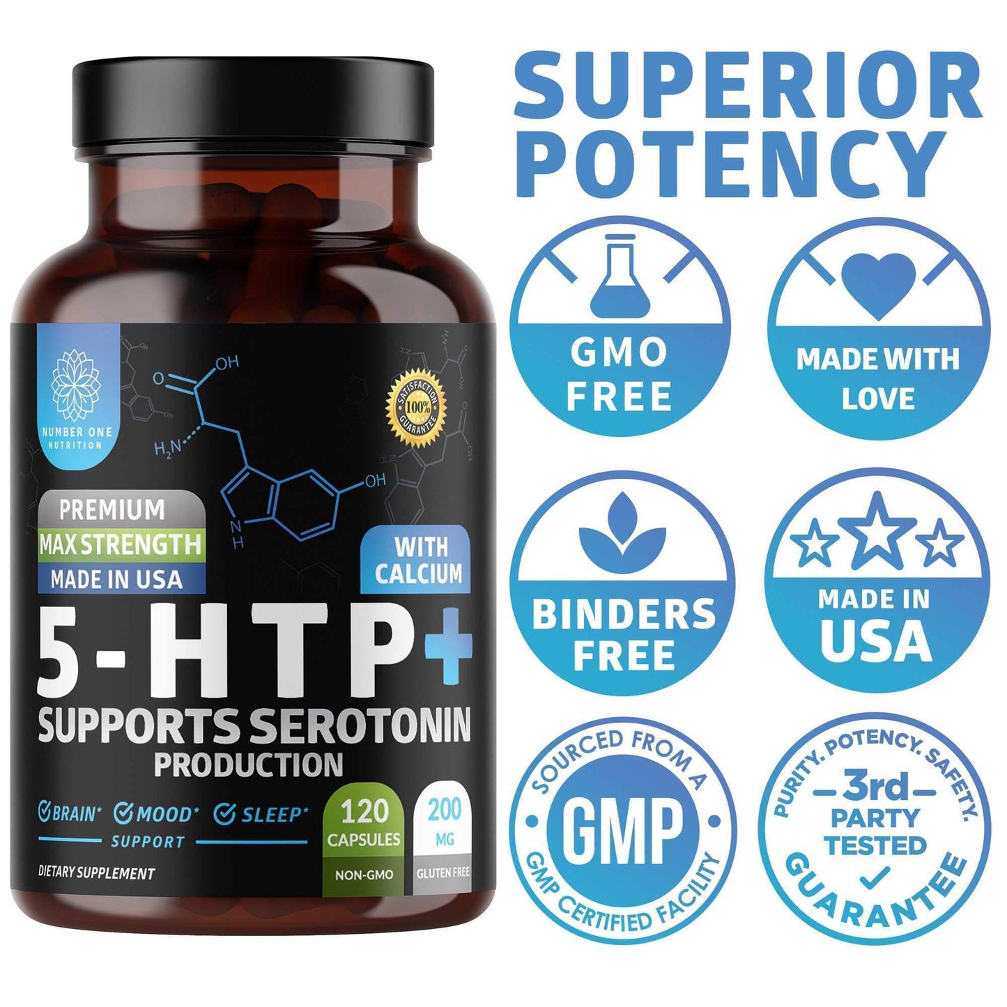 Number One Nutrition N1N Premium 5-HTP 200mg Plus Calcium Capsules, 120 Count