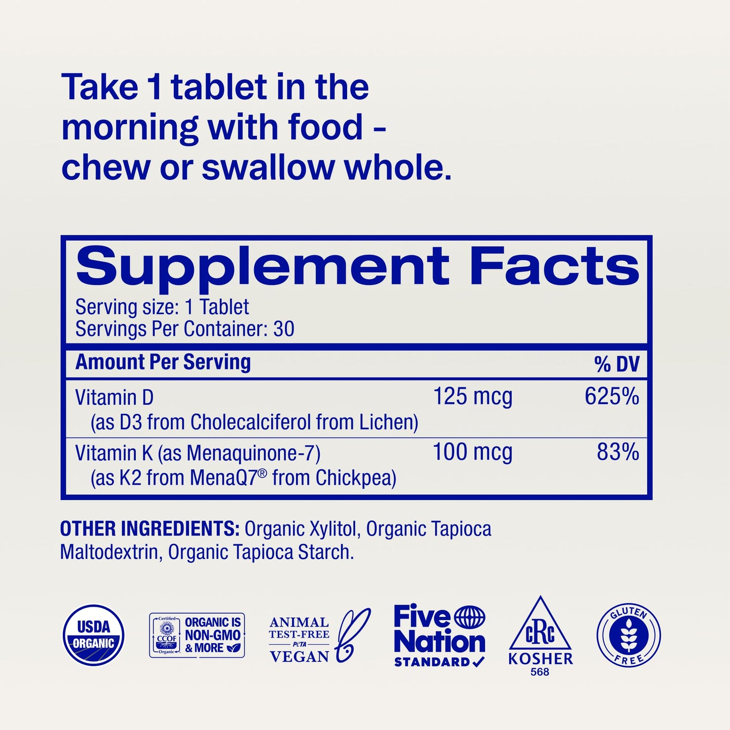 Ora Organic Vitamin D3 5000IU + K2 Chewable, 30 Tablets