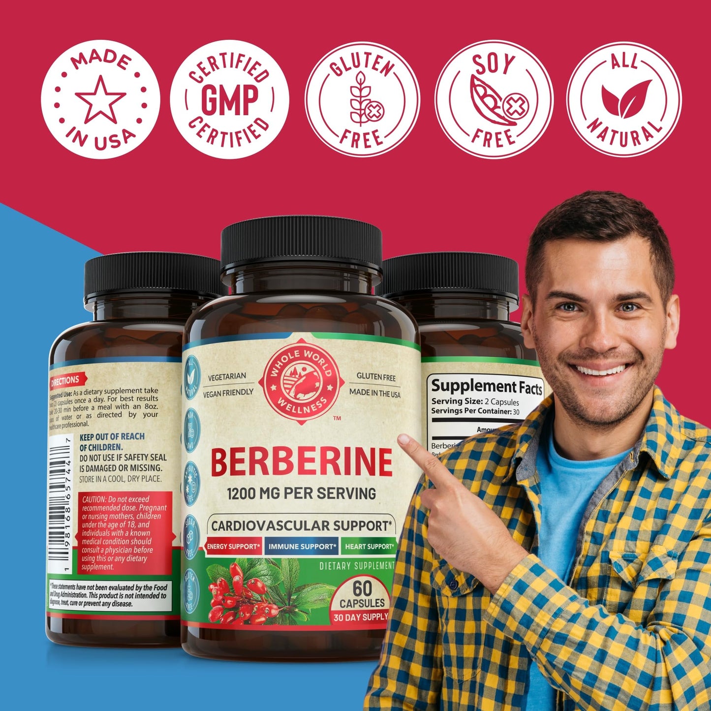 WHOLE WORLD WELLNESS Berberine 1200mg Herbal Health Capsules, 60 Count