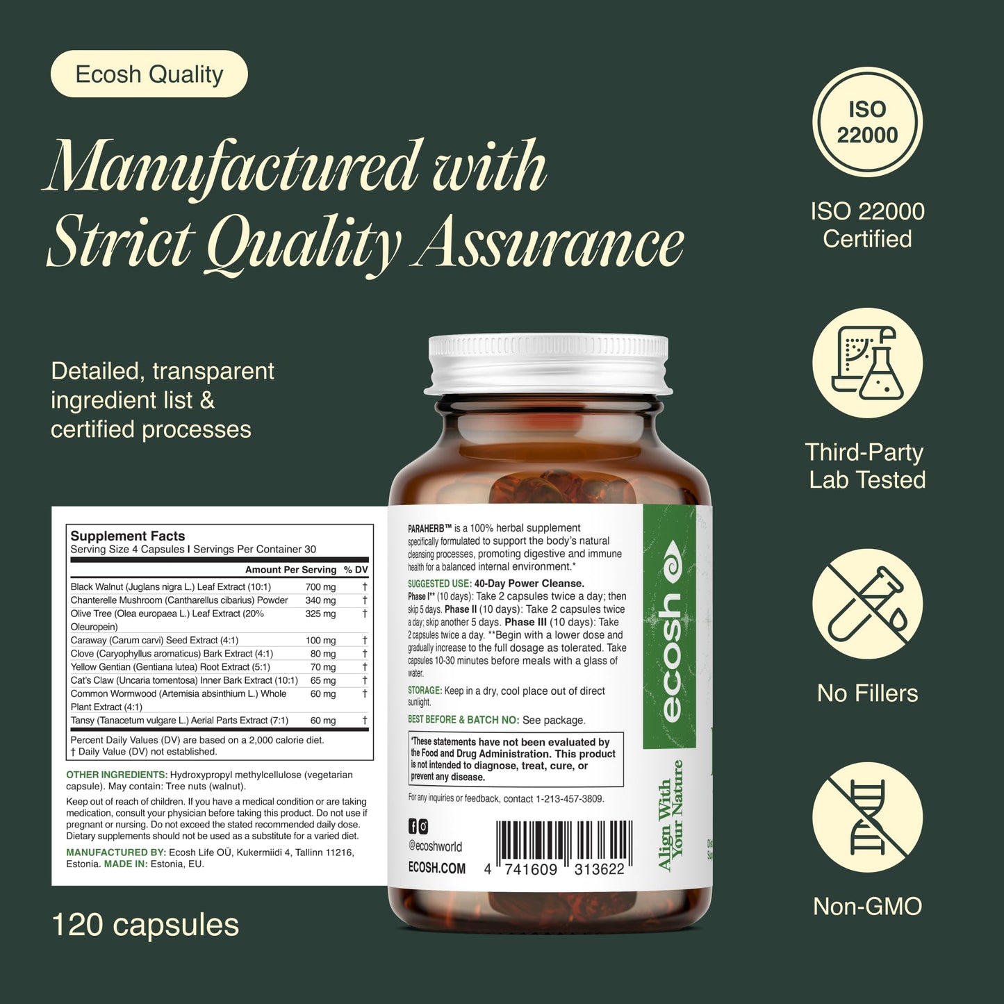 Ecosh ParaHerb Wormwood, Black Walnut & Clove Parasite Cleanse 120 Capsules